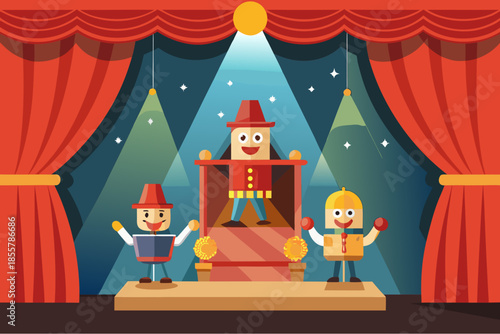 Colorful puppet show on stage with smiling characters, red curtains, and spotlights symbolizing entertainment and childhood fun