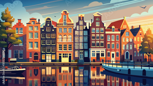 Very beautiful view of historic houses lining the Amstel River canal in Amsterdam, reflecting classic Dutch architecture, calm water, and timeless charm within the heart of the Netherlands capital.
