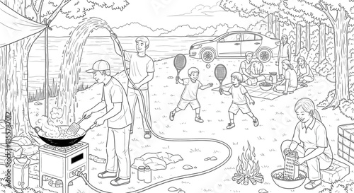 Family Camping Trip Fun Cooking and Playing Outdoors Summer Vacation Lifestyle Activities