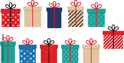 Colorful wrapped gift boxes with bows arranged in a festive pattern on a gray background, perfect for Christmas, holidays, celebrations, birthdays and seasonal decorations.