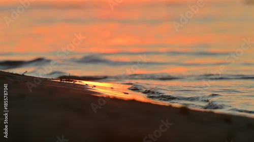Sea waves on sandy beach in golden sunset light