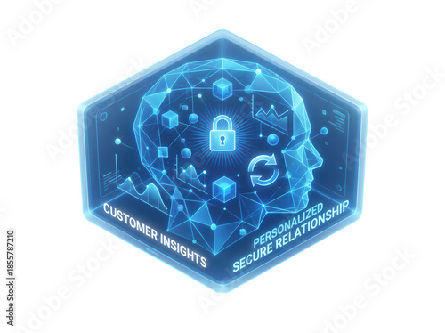 Abstract 3D blue client profile icon visualizing customer data analysis and personalized relationship management on a secure digital interface.isolated on white background1111