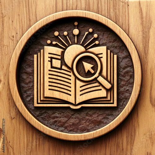 Information Access and Research Conceptual Wooden Emblem with Book and Magnifying Glass Icon