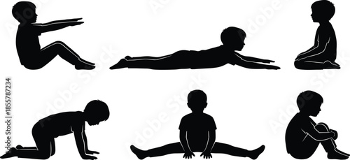 Large set of black silhouettes featuring a young boy performing various stretching exercises, yoga poses, and floor workouts on white.
