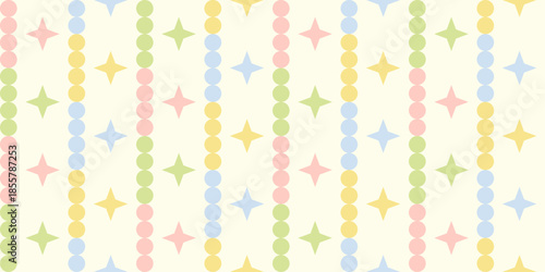 Seamless vertical pattern with pastel bubbles and sparkle stars on cream background.