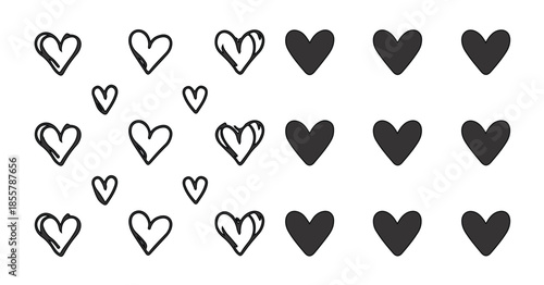 Heart icon hand drawn black color love symbol design element set sketch doodle style solid fill