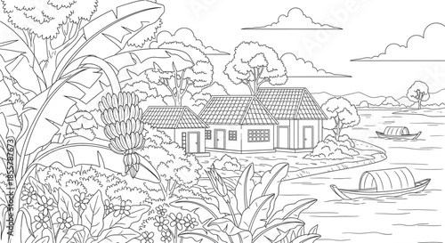 Tropical River Village Scene: Peaceful Banana Plantation, Traditional Boats, Serene Landscape for Tourism and Lifestyle Content