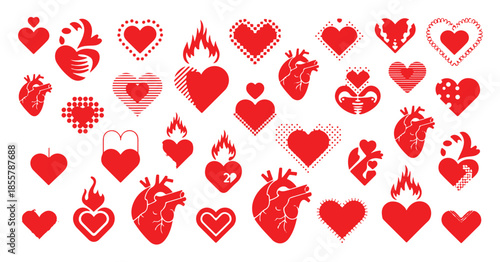 Vibrant red heart collection, anatomical hearts, flaming hearts, and patterned heart symbols
