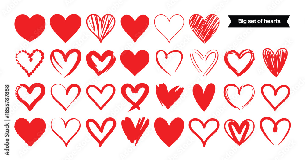 Ταπετσαρία Big set of hearts different styles, collection of hand drawn doodle red heart sh