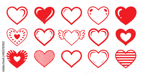 set of red heart icons with different styles for valentines day and love designs