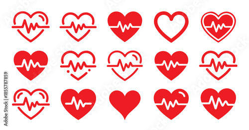 red heart icons with heartbeat line for medical health and love concept designs