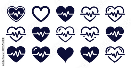 Set of black heartbeat icons and pulse line symbols, collection of medical heart rate pictograms
