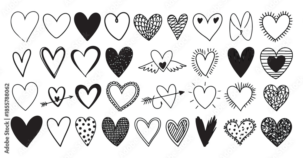 Fototapeta premium Set of black and white doodle hearts collection design elements isolated on white background art