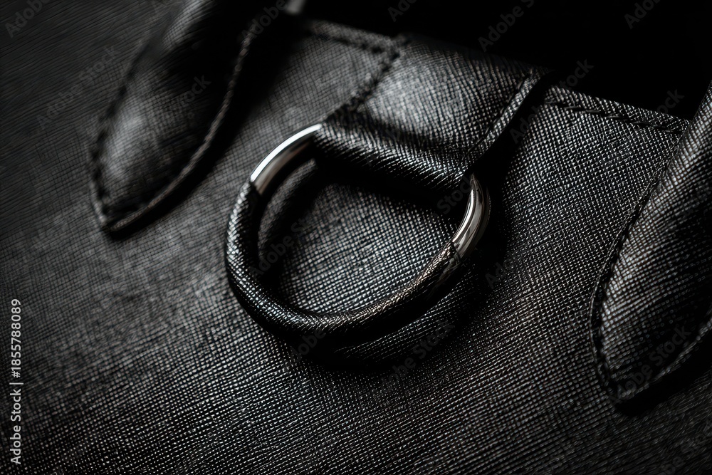 Close up view of a black purse showcasing its textured surface and metal ring detail on the handle, emphasizing its design and craftsmanship in a well-lit setting
