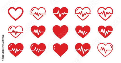Red heart shapes with cardiogram lines and solid hearts vector icons