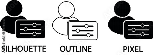 Vector ui silhouette,pixel,outline icon set representing account preferences or profile configuration