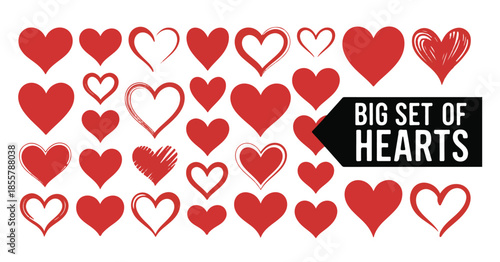 Big set of red hearts flat style hand drawn modern different shapes design element decoration symbol