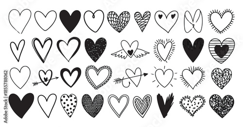 Set of black and white doodle hearts collection design elements isolated on white background art