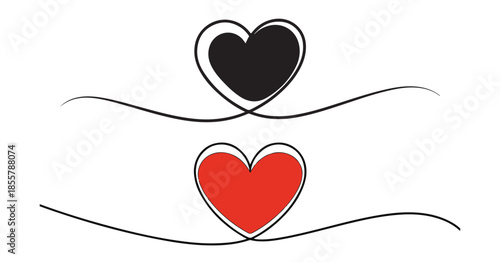 Continuous line drawing of two hearts joined by a single line with black and red color fill