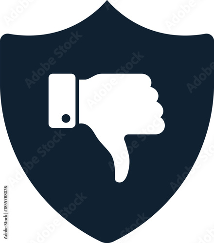 Dark blue shield with white thumbs down protection security