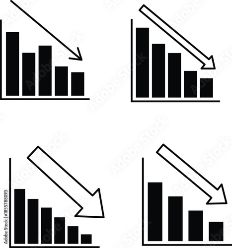 Four black bar graphs with descending arrows indicating decline chart down arrow