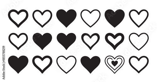 Collection of modern heart icons in black and white, featuring solid and outline designs