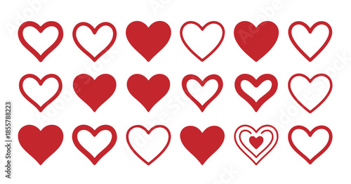 Collection of modern heart icons in red and white, featuring solid and outline designs