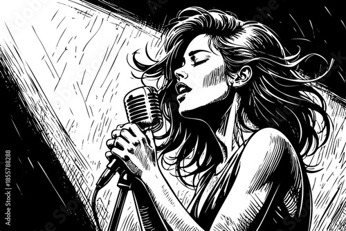 Woman is singing into a microphone, with her hair blowing in the wind. The image is in black and white, giving it a vintage feel. The woman's expression is focused