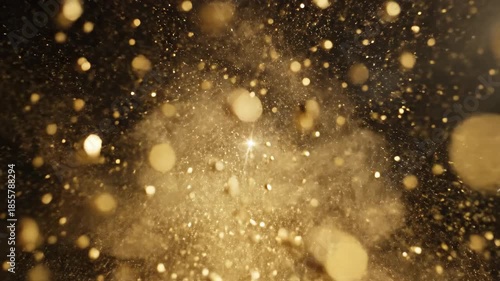 Extremely detailed slow motion close up of brilliant microscopic gold dust particles expanding and dissolving across an atmospheric black void gold, black, particles