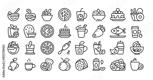 Food and drink icons set linear style various meal and beverage symbols outline collection