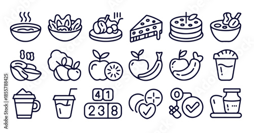 Healthy food and nutrition outline icons set various meal and diet symbols line art collection