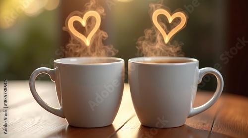 Two matching white mugs of hot drink (filled with light brown liquid) sit side-by-side on a wooden surface, bathed in warm, glowing sunlight. 