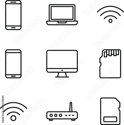 Collection of electronic devices and network signal icons, including smartphones, computers, routers, and memory cards for digital communication and connectivity