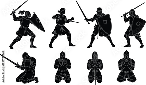 Medieval knight warrior silhouettes set with swords shields combat poses, fantasy battle characters illustration, isolated black vector collection