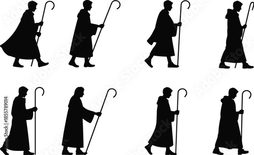 Religious monk silhouette walking with staff, multiple poses collection, spiritual tradition illustration, isolated black figures on white background