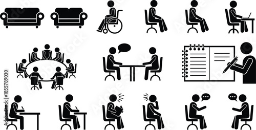 Office meeting pictogram icons set, people sitting working talking wheelchair teamwork communication business workspace symbols vector illustration