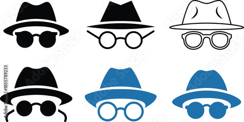 Six of fedora hats and round glasses representing anonymity disguise mystery