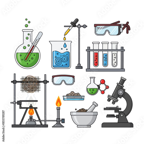 Comprehensive illustration of scientific laboratory equipment and experiments setup