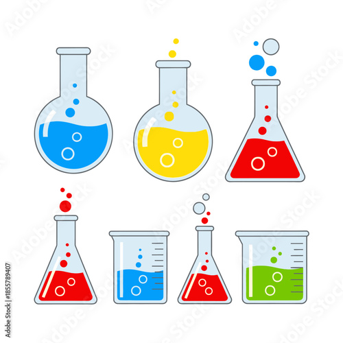 Collection of colorful laboratory glassware with bubbling liquids in various sizes and shapes for