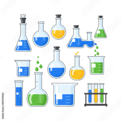 Collection of laboratory glassware containing colorful liquids used in scientific experiments and