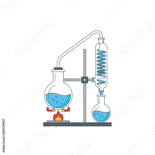 Simple Laboratory Glassware Setup Demonstrating Chemical Reaction and Distillation Process