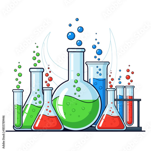 Colorful Laboratory Glassware with Vibrant Liquids Arranged for Scientific Experimentation