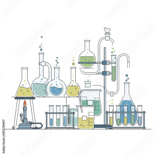 Innovative Laboratory Glassware Setup with Chemical Reactions and Distillation Equipment for