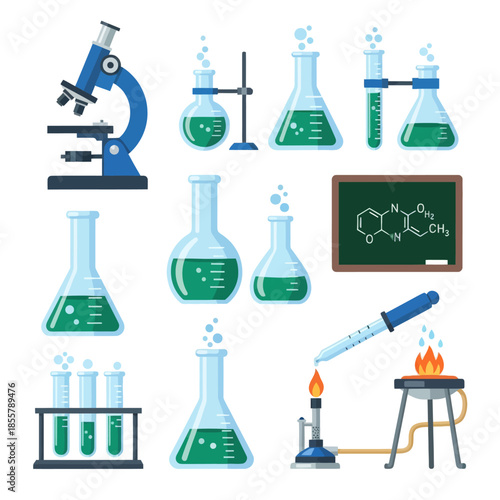 scientific laboratory equipment including microscopes test tubes and chemical formulas for