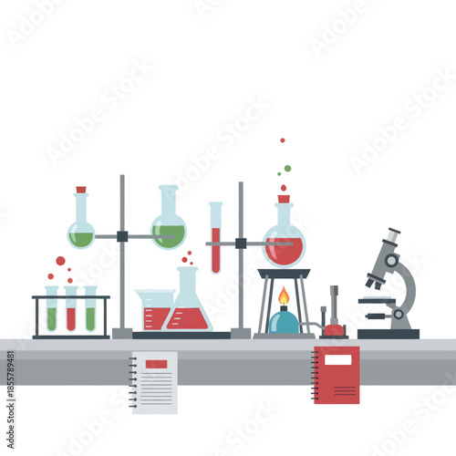 Modern laboratory setup featuring glassware equipment for scientific experiments and research