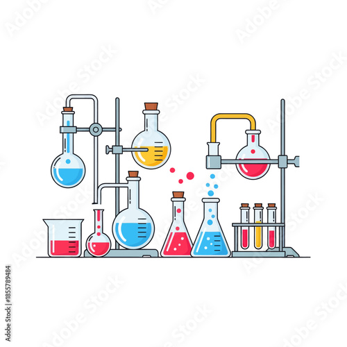 Illustration of a modern chemistry laboratory setup with laboratory glassware and equipment for