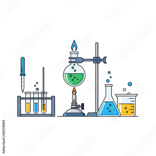 Scientific laboratory setup illustrating chemical experiments and reactions with glassware and