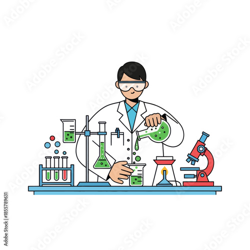 Illustration of a scientist conducting laboratory experiments with safety gear in a modern