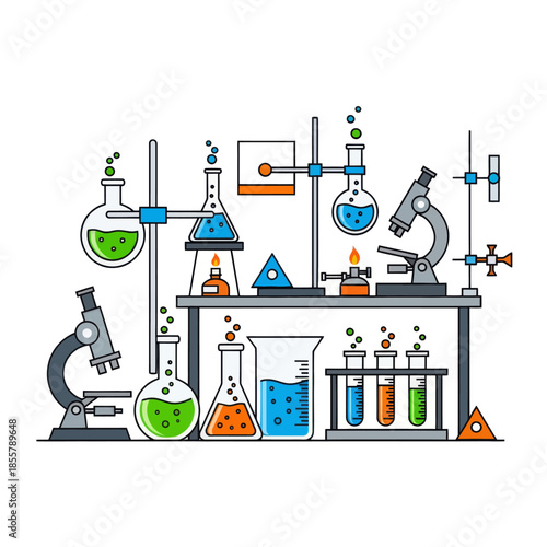 Intricate Laboratory Equipment with Chemical Beakers and Scientific Instruments