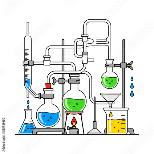 Complex Laboratory Chemical Reaction Setup with Tubing and Flasks Illustration